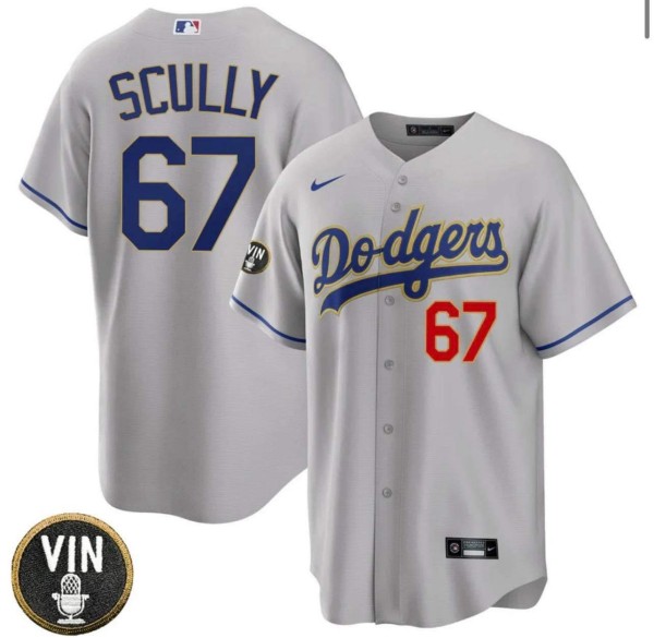 Men's Los Angeles Dodgers #67 Vin Scully 2022 Grey Vin Scully Patch Cool Base Stitched Baseball Jersey
